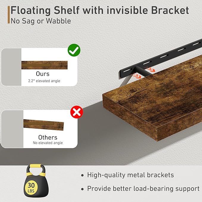 Deep Floating Shelves - 16" W x 9.3" D x 1.6" H Rustic Brown Wall Shelf - Wall Mounted Shelves for Decor & Storage - Wooden Shelves with Invisible Brackets for Living Room, Kitchen - Set of 2