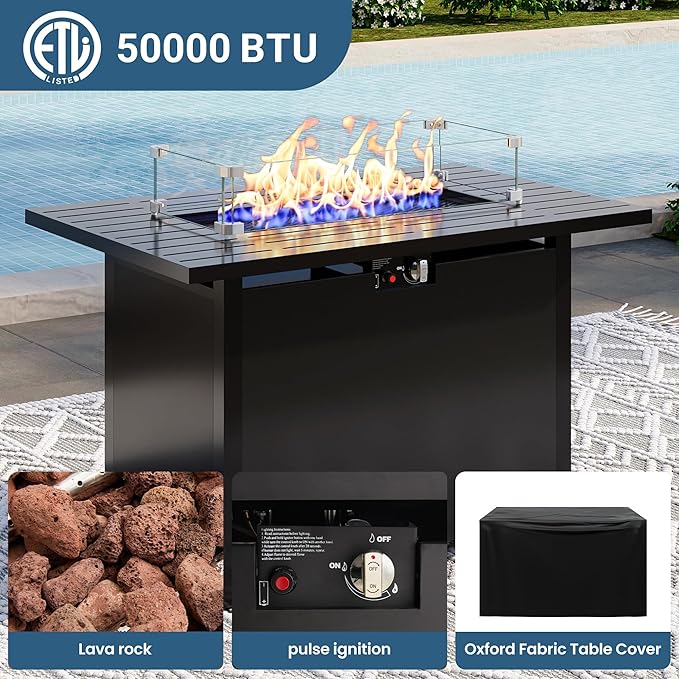 8 Pieces Outdoor Patio Furniture Set with 43" Fire Pit Table, Wicker Outdoor Patio Sectional Sofas with Coffee Table and Cushions, All-Weather Patio Conversation Set for Backyard Garden, Navy Blue