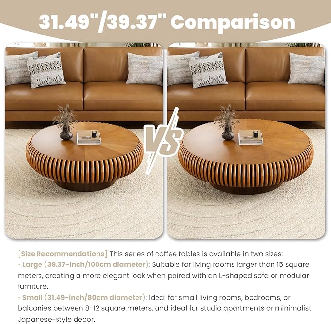 Round Fluted Coffee Table Modern Handcraft Drum Coffee Table with Sturdy Pedestal 31.5" Farmhouse Center Table Tea Table for Living Room, Reception Room, Entertainment Room (Brown 39.37inch)
