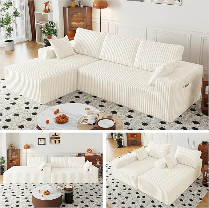108" Sectional Couches for Living Room, Modular Sectional Sofa with L-Shape Chaise, Boneless Couch, Comfy Corduroy Fluffy Couch with Deep Seat and Side Pockets, No Assembly Required