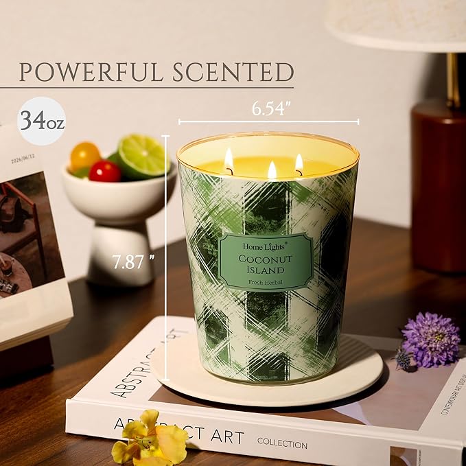HomeLights 3-Wick Candles for Home Scented - 34oz Soy Wax Blend Candle Long-Lasting Fragrance, Scandinavian Minimalist Design Home Decor and Housewarming Gifts, Coconut Island