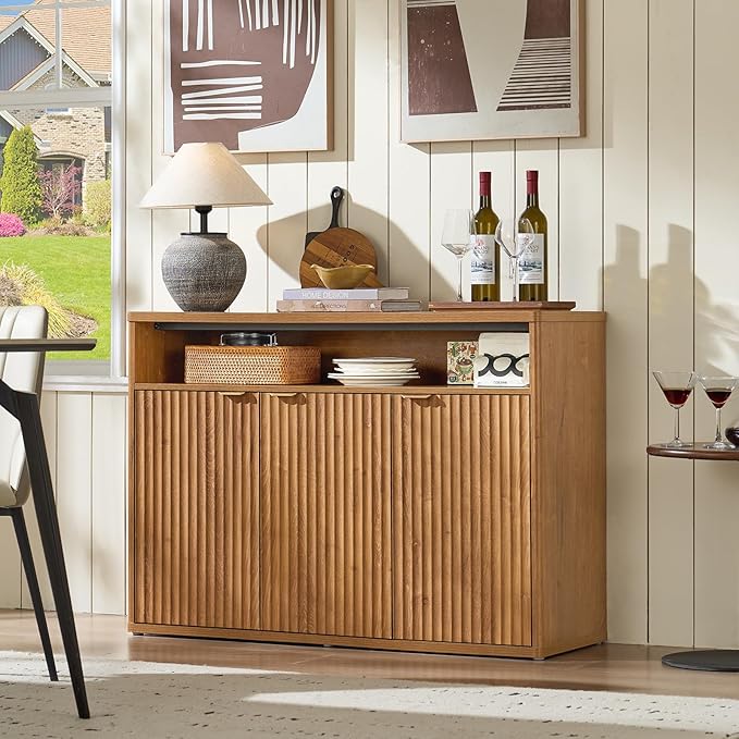 LEYAOYAO Fluted Buffet Cabinet with Storage, 45" Wide Modern Sideboard Credenza with 3 Doors & Open Storage Shelf, Wood Kitchen Console Accent Cabinets, Coffee Bar Table for Dining Room, Tea Brown