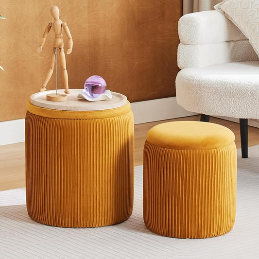 Round Ottoman with Storage Set of 2-Upholstered Sherpa Vanity Stool for Makeup Multifunctional Ottomans Coffee Table Padded Seat Foot Rest (Engineered Wood, Yellow-Upgrade Taray Lid)