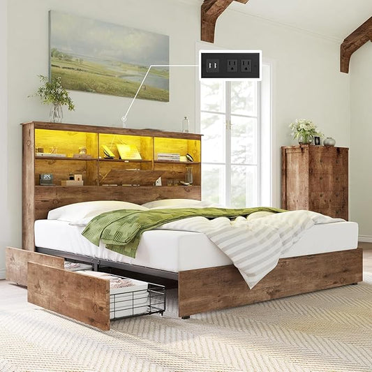 AMERLIFE King Size Bed Frame Wooden Platform Bed with 51.2" Storage LED Bookcase Headboard, Charging Station & 4 Storage Drawers/No Box Spring Needed/Noise Free/Rustic Brown