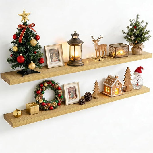 72 Inch Floating Shelves for Wall, 8 Inch Deep Floating Shelf for Storage & Display, Rustic Wall Mounted Shelf with Invisible Brackets for Living Room, Kitchen, Bathroom, Home Decor, Set of 2, Oak