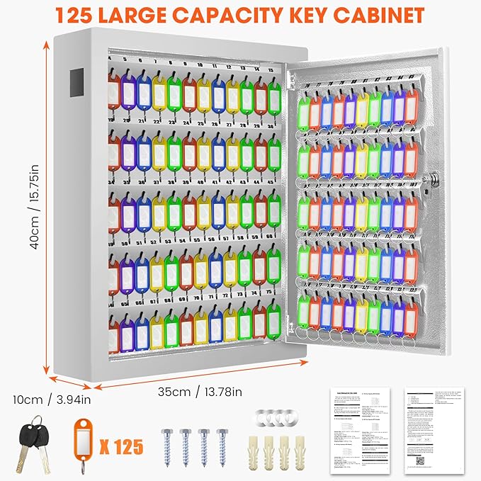 125 Key Lock Box Wall Mount with Anti-Theft Deposit Key Slot, White Key Cabinet with Key Hooks & 125 Tags Key Labels, Key Safe for Hotels & Office & Companies & Car Dealerships