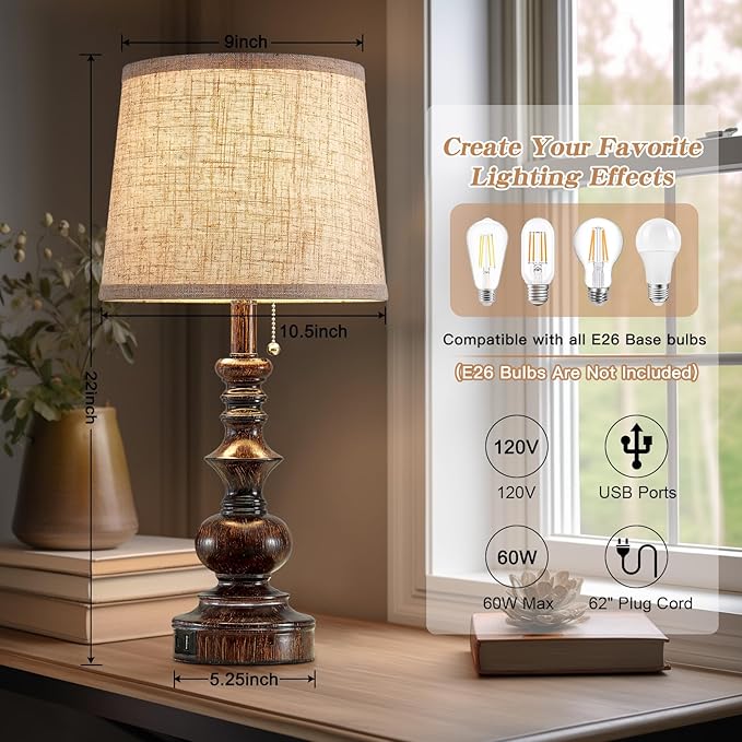 22'' Farmhouse Bedside Table Lamps Set of 2 for Bedroom Nightstand Lamps with USB A+C Charging Ports Traditional Small Table Lamp for Living Room End Tables,Pull Chain,Bulbs Not Included