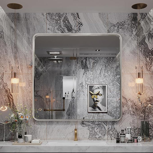 Silver Framed Mirrors for Bathroom,36 x 36 Inch Rounded Conner Rectangle Mirror for Wall, Matte Silver Vanity Mirror with Tempered Glass,Hangs Horizontally or Vertically