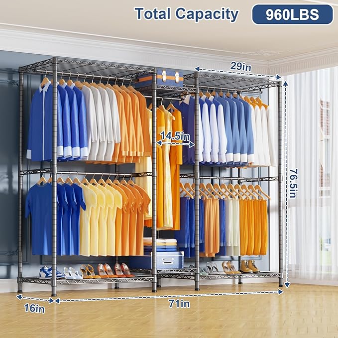 Ulif E12 Clothes Rack，Heavy Duty Freestanding Garment Rack with Shelves，Metal Clothing Closet Storage System for Hanging Clothes，71" W x 16" D x 76.5" H, Hold 960 lbs，Grey