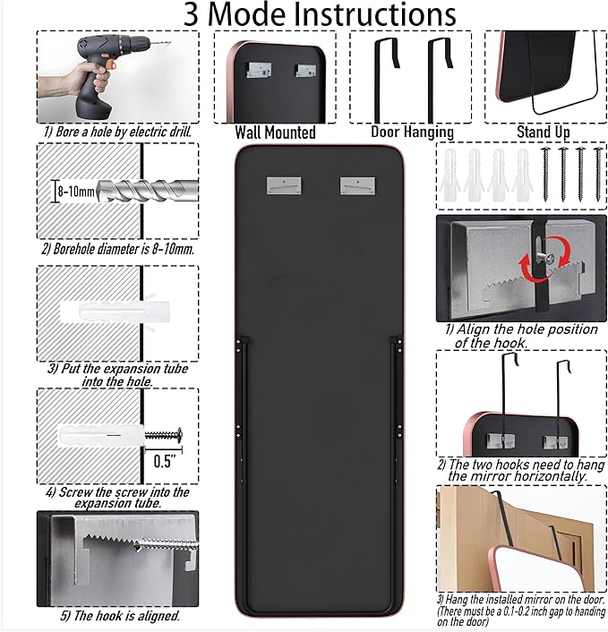 57x20 Door Hanging Full Length Mirror, Floor Stand (Height 5.7ft just Body in1.3ft) Wall Mounted Metal Frame Rectangle Dressing Mirrors for Bedroom Room 57 inch Pink Rose Gold