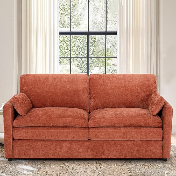 69” Chenille Loveseat Sofa w/Arm Pillows, Upholstered 2-Seater Sofa w/Comfortable Back Cushions, Modern 2 Seats Couch w/High-Density Foam for Living Room, Apartment, Office, Orange