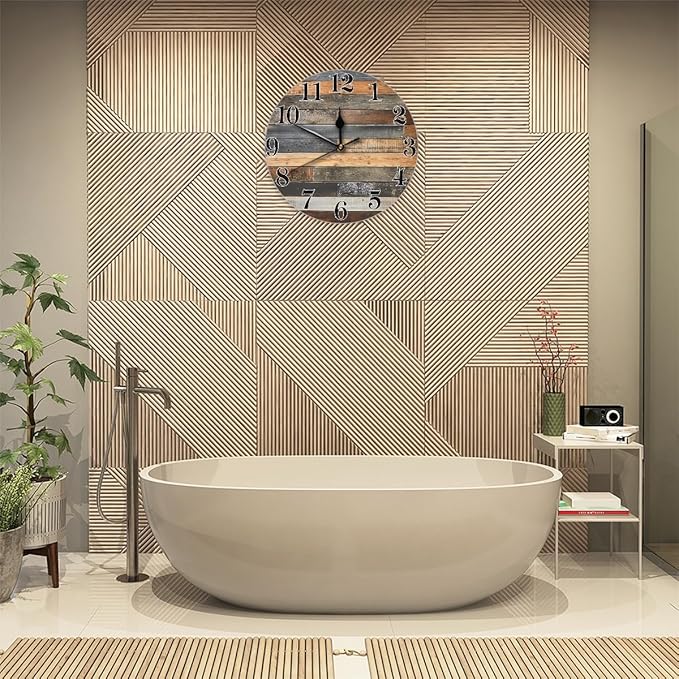 Vintage Coastal Wooden Print Wall Clock Battery Operated 10 in Round Wall Clocks Slilent Non Ticking Quartz Analog Clock for Bedroom Kids Living Room Classroom Decor