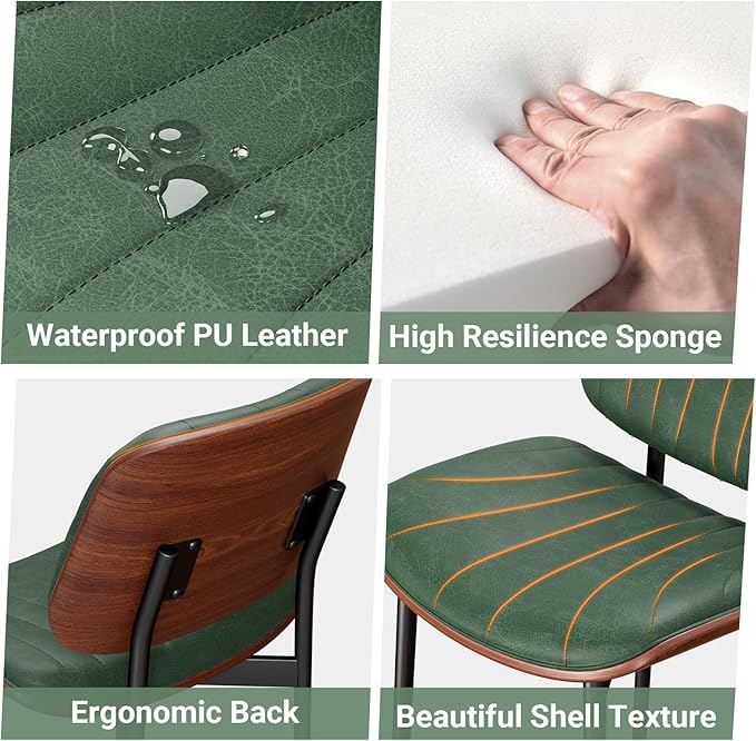 Dining Chairs Set of 4, Mid-Century Modern Upholstered PU Leather Chairs with Walnut Bentwood Back and Metal Legs Adjustable Feet for Kitchen Dining Room, Dark Green Shell Strips