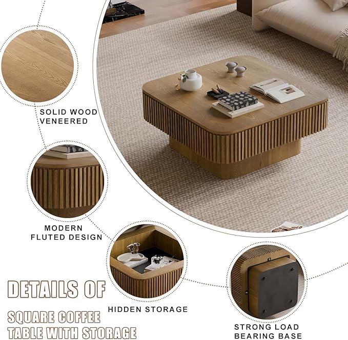 31.5'' Small Square Coffee Table with Storage, Fluted Coffee Table with Solid Wood Veneered, Mid Century Modern Wooden Center Table, Accent Tea Table for Small Space Living Room Apartment, Brown
