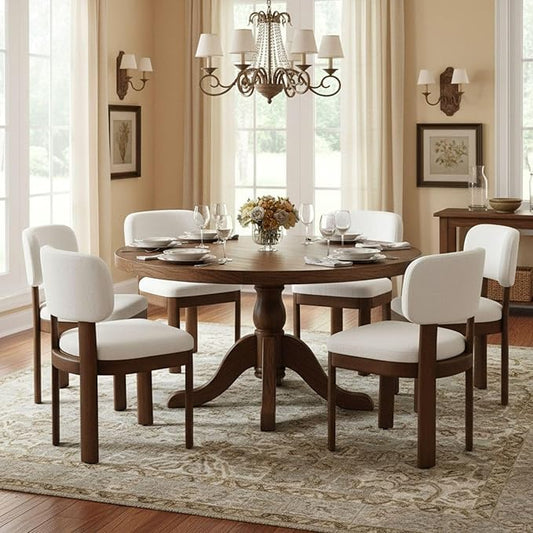 Beige Dining Chairs Set of 6 Mid Century Modern Upholstered Dining Room Chairs with Curved Backrest and Wooden Legs for Kitchen Island, Dining Room