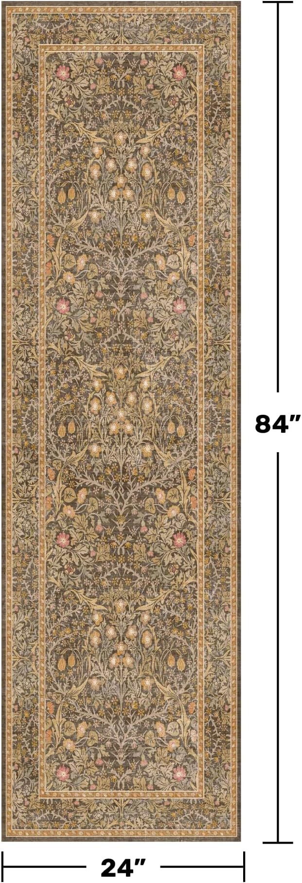 Non Slip 2x7 Gold Brown Hallway Runner - Long Runner Rugs for Bathroom, Washable Kitchen Floor Mat, Bedroom Bedside - Brown Earthy Vintage Floral Décor