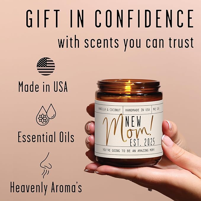 New Mom Gifts for New Mom Est. 2025 Candle, w/Coconut & Vanilla-Infused Essential Oils I Postpartum First Time Mommy Gifts I Push Presents I 50Hr Burn, USA Made