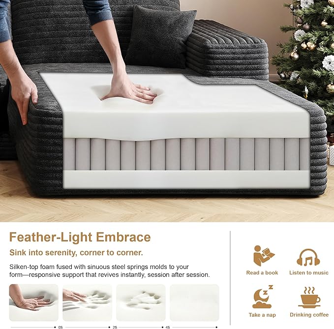 108" Sectional Couches for Living Room Modern Modular Sofa with L-Shape Couchs Upholstered Boneless Couch Deep Seat Sectional Couch with Chaise (Black, Right Facing Chaise+2Seaters+1Ottoman)