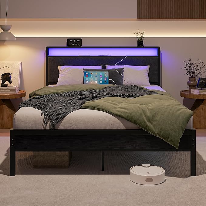 Queen Bed Frame with Headboard Storage,Upholstered Platform Bed Frame Queen Size with Charging Station and LED Lights No Box Spring Needed,Heavy Duty Steel Slats,Noise Free,Dark Grey