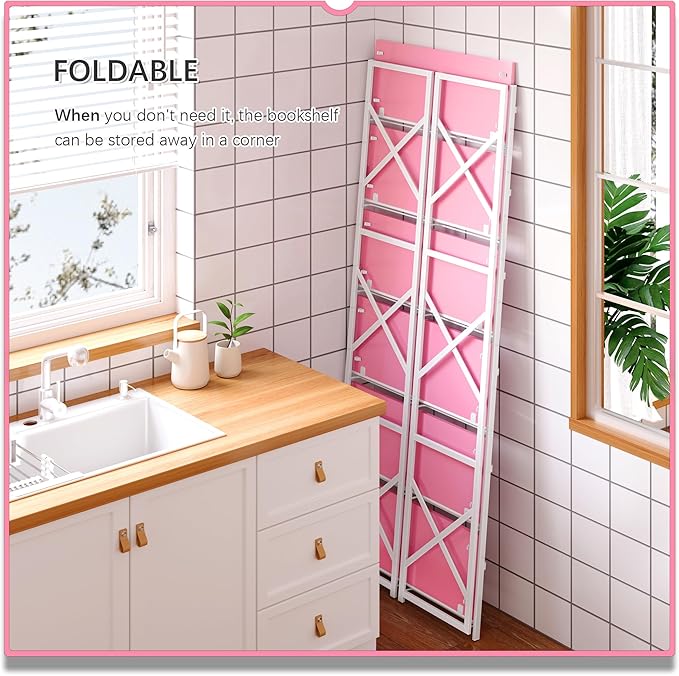 4NM 6 Tiers No Assembly Book Shelves, 61.8" H Folding Bookshelf Bookcase Open Industrial Foldable Shelves for Bedroom, Living Room, Home Office - Pink White