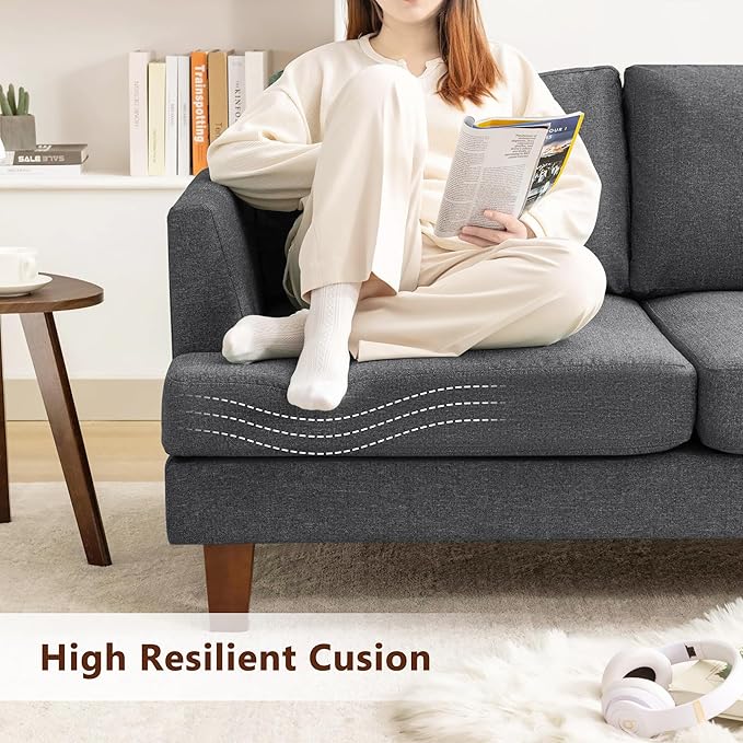 3 Seater Sofa Couch with Deep Seats, 89" Mid Century Modern Upholstered Sofa with Armrests, Comfy Couches for Living Room, Bedroom, Apartment and Office (Dark Grey)