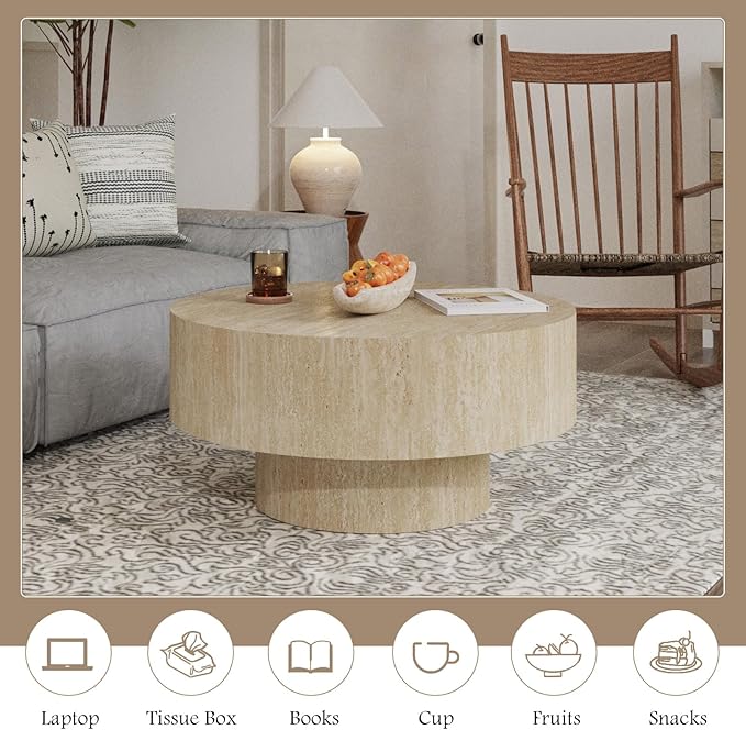 Travertine Coffee Table 29.92" Modern Round Coffee Table for Living Room, Small Circle Coffee Table Drum Center Table End Table for Apartment Office Farmhouse (Round)