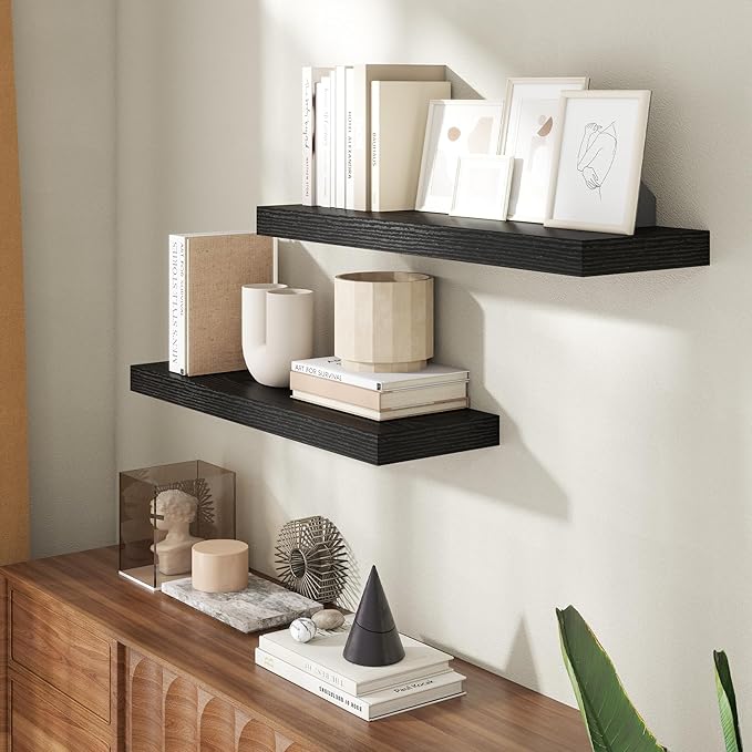 30 Inch Floating Shelves for Wall, 8 Inch Deep Floating Shelf for Storage & Display, Rustic Wall Mounted Shelf with Invisible Brackets for Living Room, Kitchen, Bathroom, Home Decor, Set of 2, Black