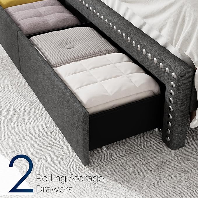Full Size Bed Frame with Storage Headboard and Drawers Modern Rivets Upholstered Bed Frame with LED Charging Station Full Bedframe No Box Spring Needed