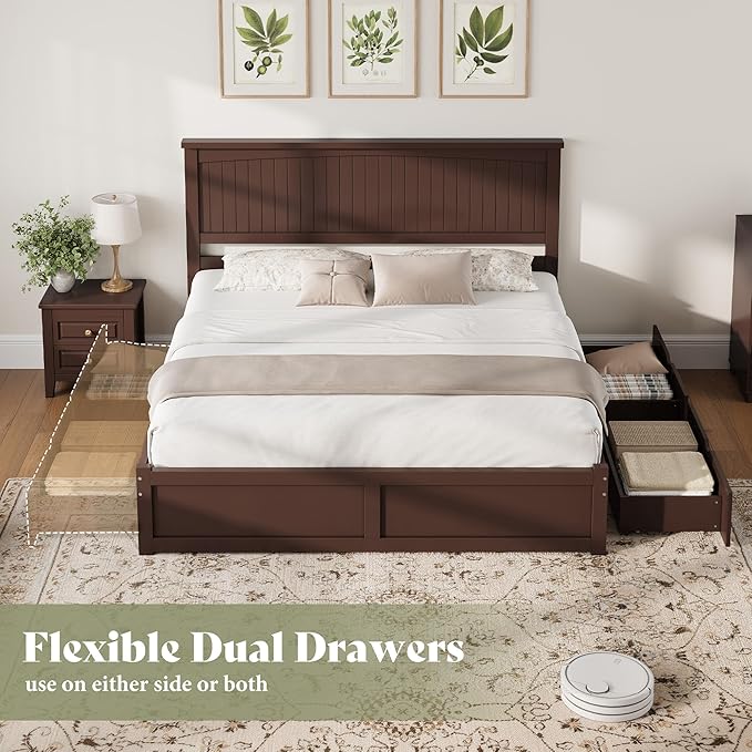 AMERLIFE King Size Solid Wood Bed Frame with 50" Tall Headboard, Mid-Century Modern Bed with Storage, Wooden Platform Bed with 2 Drawers, No Box Spring Needed, Espresso