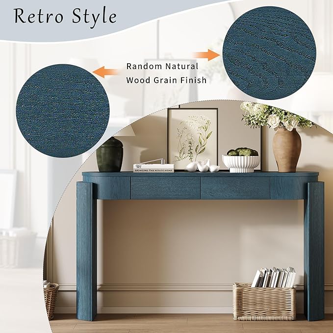 55" Wood Console Table for Entryway with Fluted,Modern Curved Oval Hallway Table and 2 Drawers,Rustic Farmhouse Narrow Sofa Table for Living Room,Bedroom,Apartments-Blue