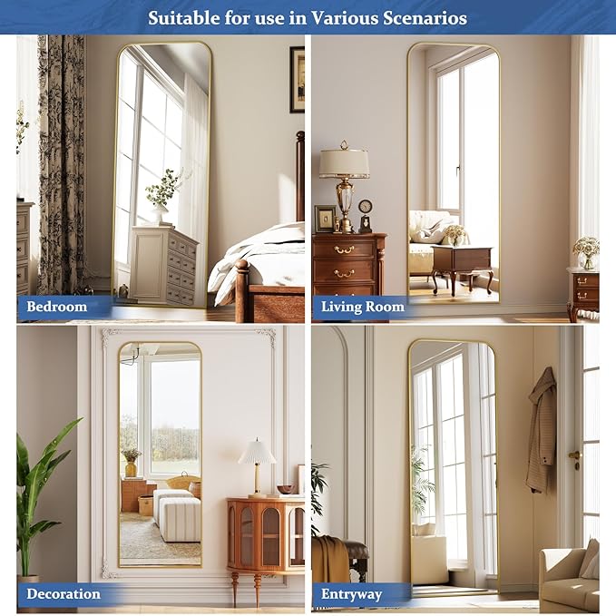 Full Length Mirror 65"x24" Arched Floor Standing Large Mirrors Full Body Mirror with Stand - with Aluminum Frame for Bedroom Living Room, Gold