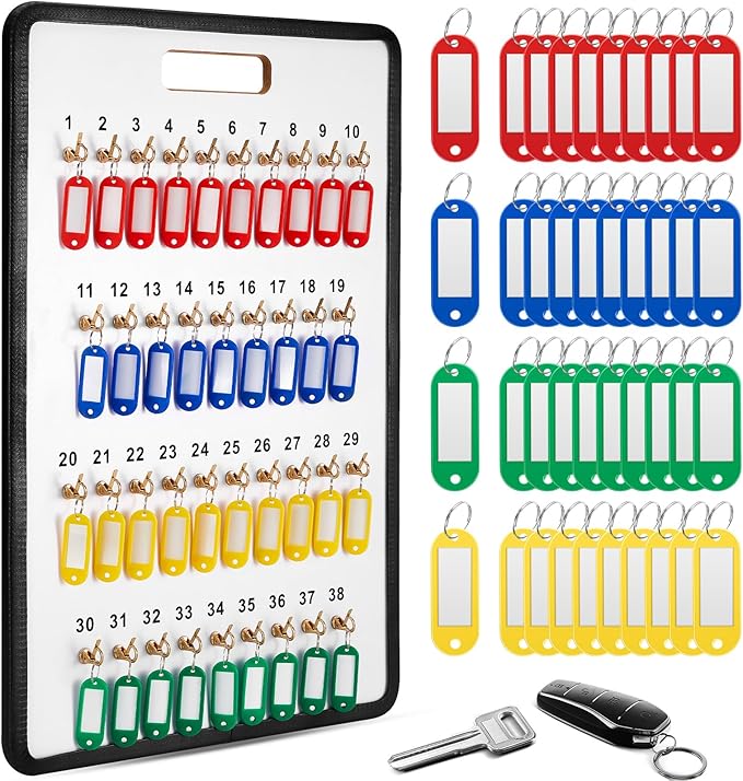 Key Hook Board Rack with 40 Pcs Plastic Tags Set 23.4 x 15.5 Inch Key Holder Wall Mount with 38 Hooks Self Closing Tabs Colored Labels for Car Hotels Office House Storage Organization