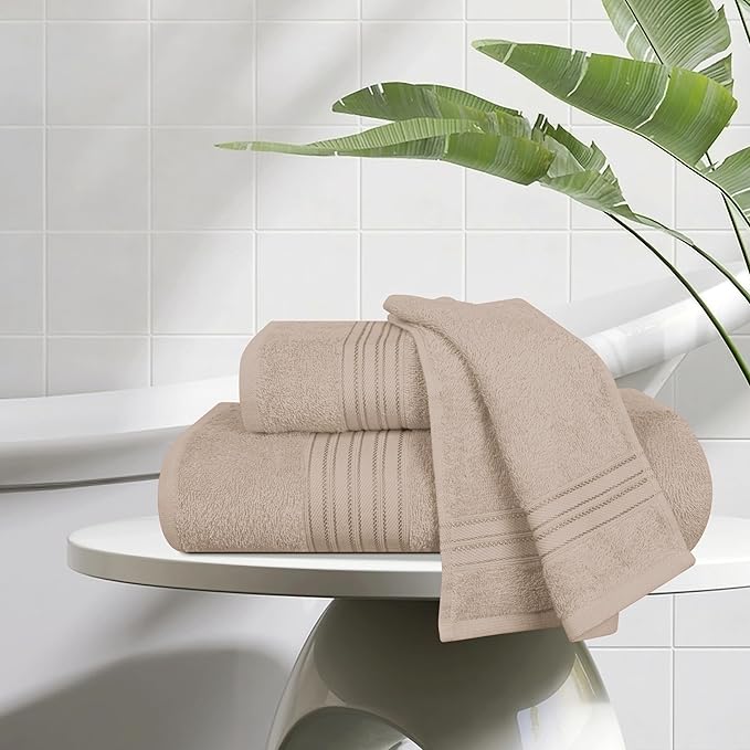BOUTIQUO Ultra Soft 3 Pack Cotton Towel Set, Contains a Bath Towels 28x55 inch, a Hand Towels 16x24 inch & a Wash Coths 12x12 inch, Ideal Everyday use, Compact & Lightweight - Tan