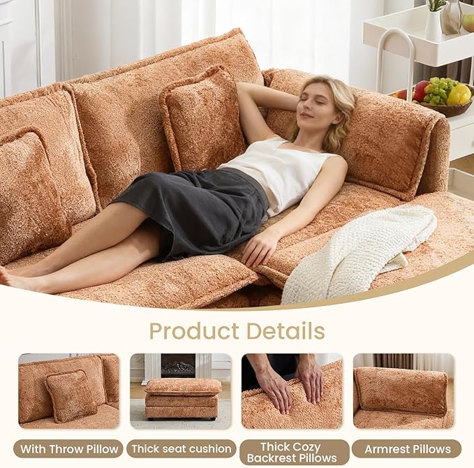 112" Modular Sectional Sofa with Movable Ottoman, L Shaped Couches for Living Room, 3 Seater Comfy Cloud Couch with Removable Cover, Armrest Pillow (Orange)