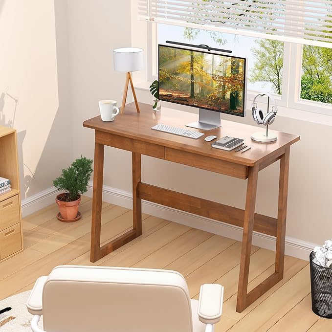 Solid Wood Desk with Drawers - 39 x 18 Inch Mid Century Modern Desk, Vintage Desks with Drawers, Small Writing Desks for Small Spaces|Bedroom, Living Room & Office - Walnut Color