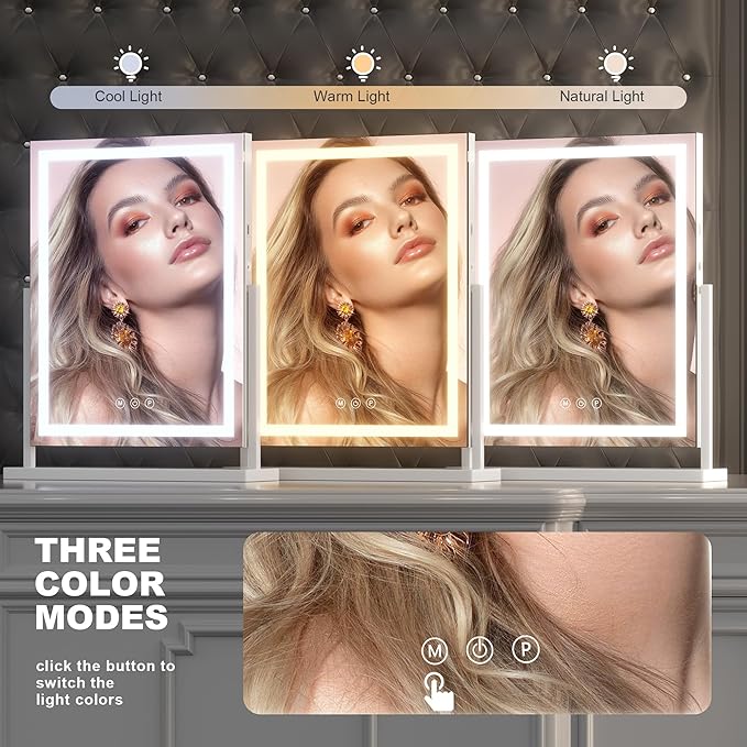 Hasipu Vanity Mirror with Lights, Lighted Makeup Mirror with 10X Magnification, Dimmable 3 Modes, Touch Screen Control, Led Makeup Mirror 17 x 22 Inch