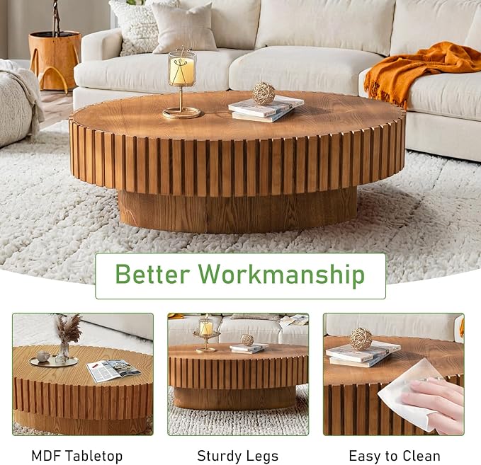 Oval Coffee Table for Living Room, 43.3'' Modern Handcraft Drum Coffee Table Unique Fluted Coffee Tables Wood Center Table End Table for Small Space, Farmhouse Apartment Office (Oval Wood)
