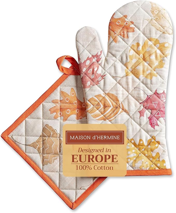Maison d' Hermine 100% Cotton Oven Mitt & Pot Holder Set (7.5"x13" & 8"x8") Heat Resistant BBQ Cooking Gloves with Loop for Thanksgiving Christmas Decorations Handling Hot Pans (Colours of Autumn)