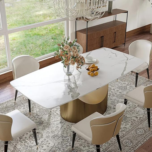 POVISON 71" Hobart Modern Dining Table for 6-8, Matte White Dining Table Sintered Stone Dining Tabletop with Bronze Carbon Steel Pedestal for Dining Room (Table Only)