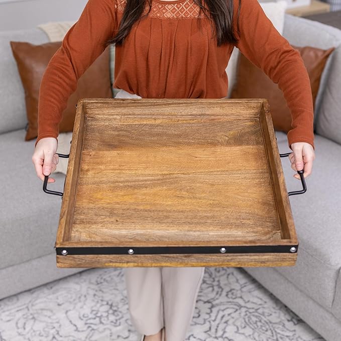 20"x20" Extra Large Square Ottoman Tray, Heavy Duty Mango Wood, for Serving Tea, Breakfast in Bed, Living Room Large Coffee Table Tray Rustic with Farmhouse Style, Decorative Handles and Accent Strap
