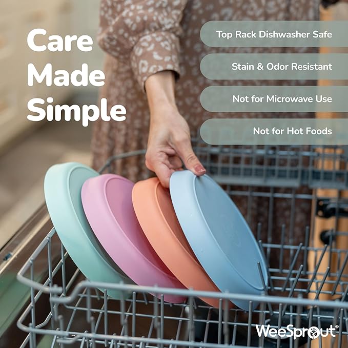 WeeSprout Bamboo Plates, Set of 4, Kid-Sized Dinnerware, Dishwasher Safe Melamine Dishware (Pastel Coral, Blue, Mint & Off White, Without Lids)