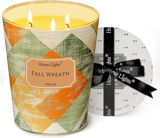 HomeLights Large jar Candle | 3-Wick Long-Lasting Scented Candles, 34oz Natural Soy Wax Candle for Home Scented, Rustic Modern Gifts for Women & Men, Fall Wreath