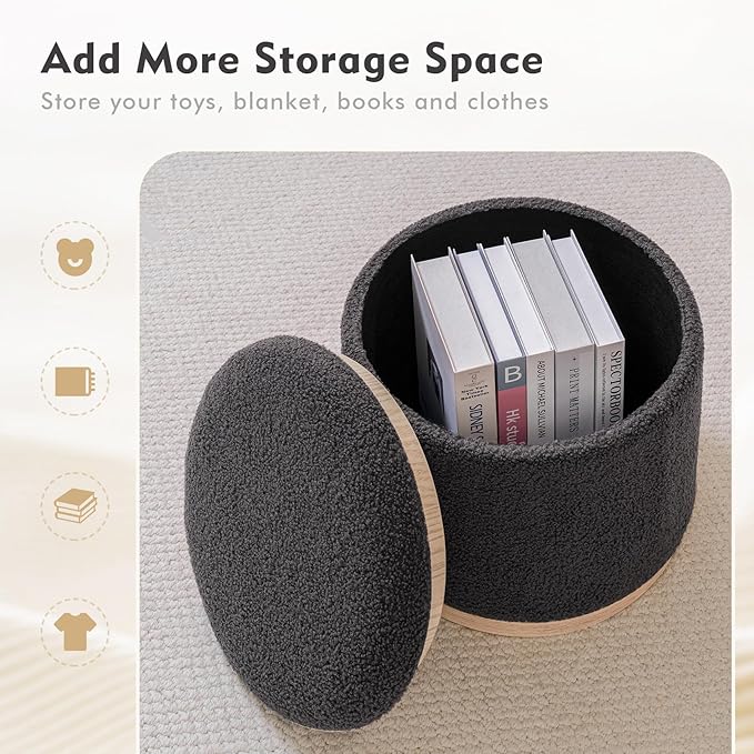 PINPLUS Round Ottoman with Storage Set of 2, Storage Ottoman with Tray, Teddy Velvet Ottoman Storage Modern Multifunctional Foot Rest Stool for Bedroom, Living Room, Dorm (Dark Grey)