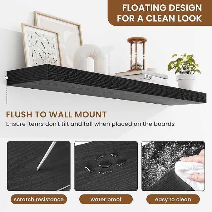 fuqing Floating Shelves for Wall, Wall Mounted Wood Floating Shelf with Invisible Brackets for Living Room, Bathroom, Bedroom, Kitchen Storage and Decor, 40 Inch Set of 2, Black