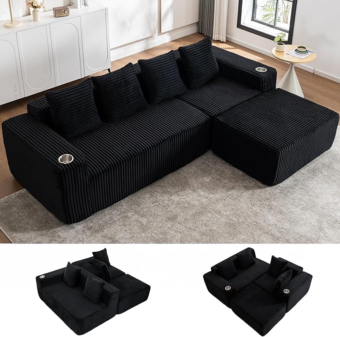 106" Modular Sectional Sofa, Modern Cloud L-Shape Couch with Ottoman Chaise, Comfy Deep Seat Chenille Boneless Couches for Living Room, No Assembly Required, Black