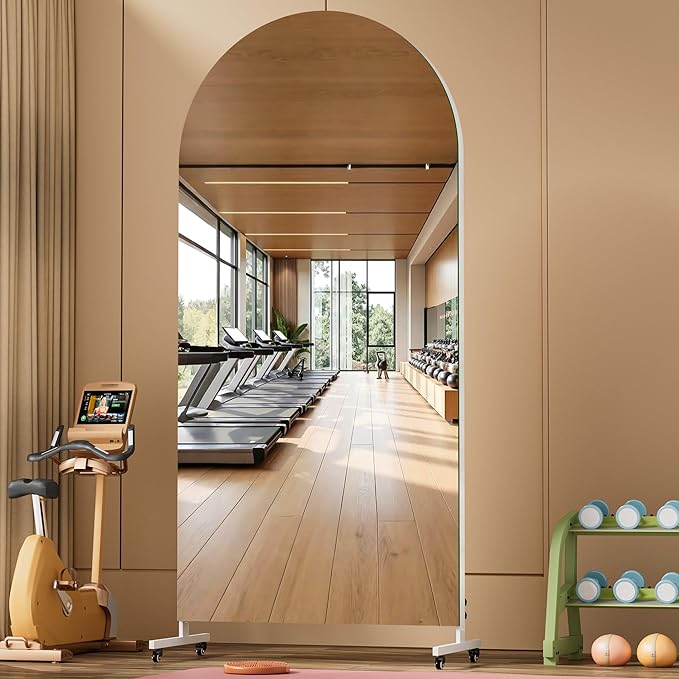 Hasipu 79" x 36" Arched Rolling Home Gym Mirror with Wheels, 360° Swivel Body Mirror with HD Tempered Glass, Large Floor Mirror for Yoga Room, Dance Studio, Bedroom & Home Gym