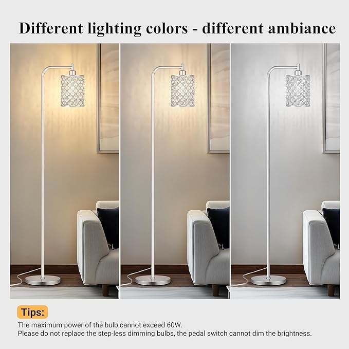 QiMH Industrial Floor Lamp for Living Room, Modern Standing Lamp with Crystal Lampshade Pedal Switch, 67” Tall Lamp for Bedroom Study Room, Silver (2700K LED Bulb Included)