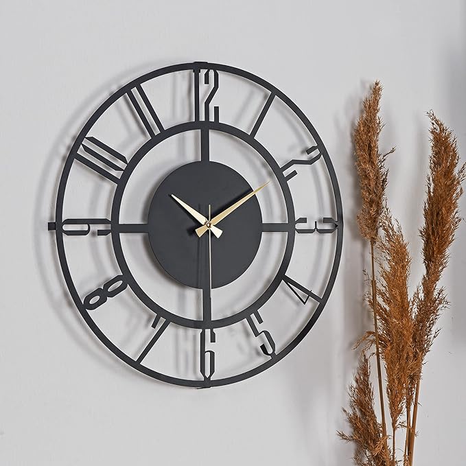 Large Metal Wall Clock | 20 inch Size Silent Battery Operated Large Size Analog Black Wall Clocks | Modern Wall Decor for Living Room Bedroom Kitchen Home Office