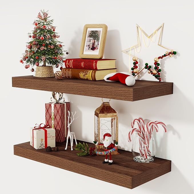 Fun Memories 30 Inch Floating Shelves, 12 Inch Deep Floating Shelf for Wall, Rustic Deep Shelves for Books, Bathroom, Living Room, Kitchen, 30 x 12 x 2 Wood Floating Shelves, Walnut Color, Set of 2