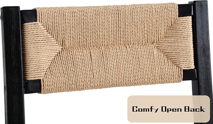 Modern Rattan Dining Chairs Set of 2, Boho Cane Farmhouse Chair, Black Wood Legs Dining Chairs with Open Back, Armless with Natural Weave 2.5 Inches Seat Kitchen Chairs for Living Room